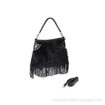 Luxury Rabbit Fur Handbag / Black Suede Fringe Bag for Wome
